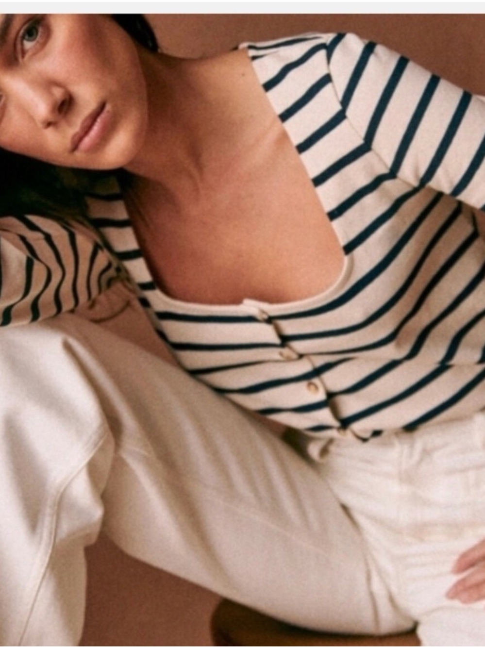 Sézane Women’s Large Navy White Striped 100% Cotton Boat Neck Button Down Shirt - Picture 1 of 10